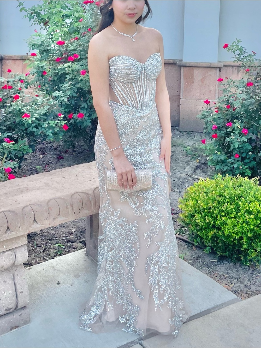 Beaded Champagne Prom Dress with Corseted Bodice - Picture 4 of 5